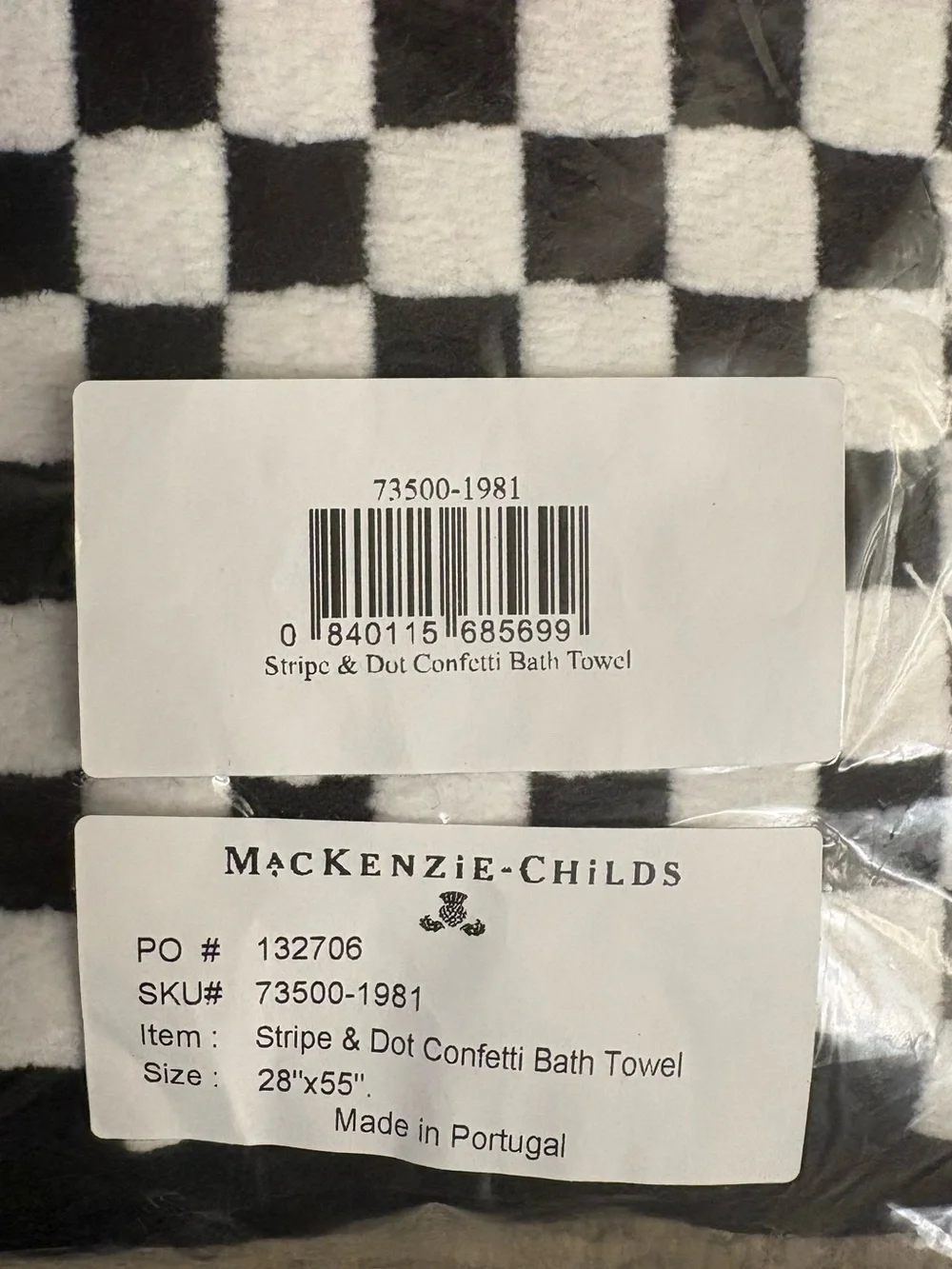 MacKenzie-Childs Black & White Checkerboard Bath Towel with Multicolor Dot Trim